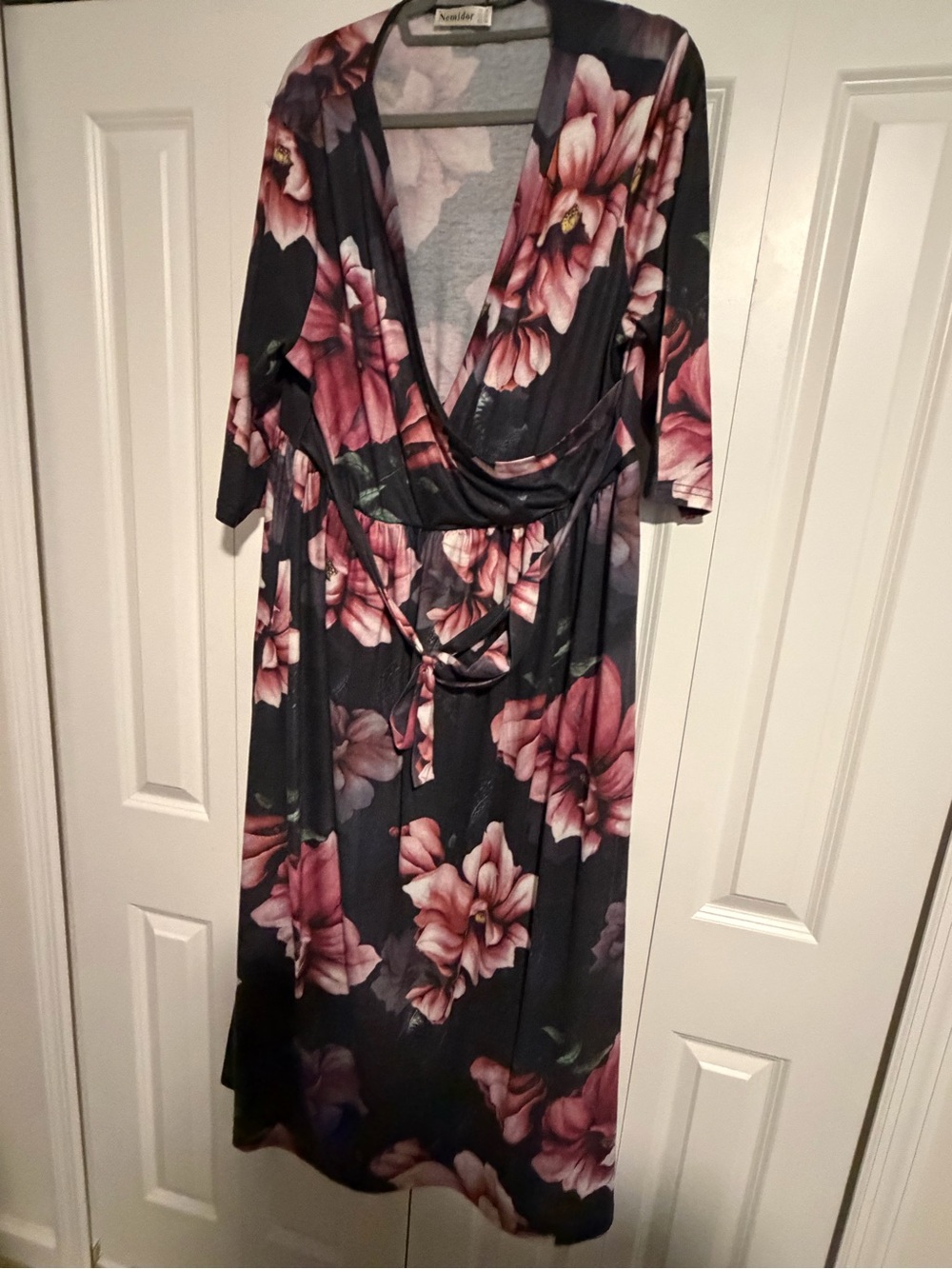 Floral Wrap Dress in Black with Pink Blossoms